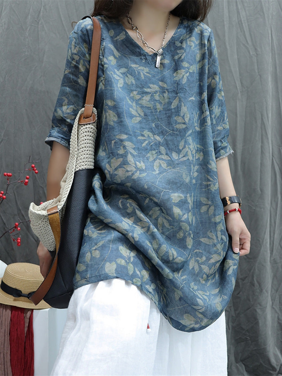 Plus Size Women Summer Artsy V-Neck Flower 100%Ramie Shirt