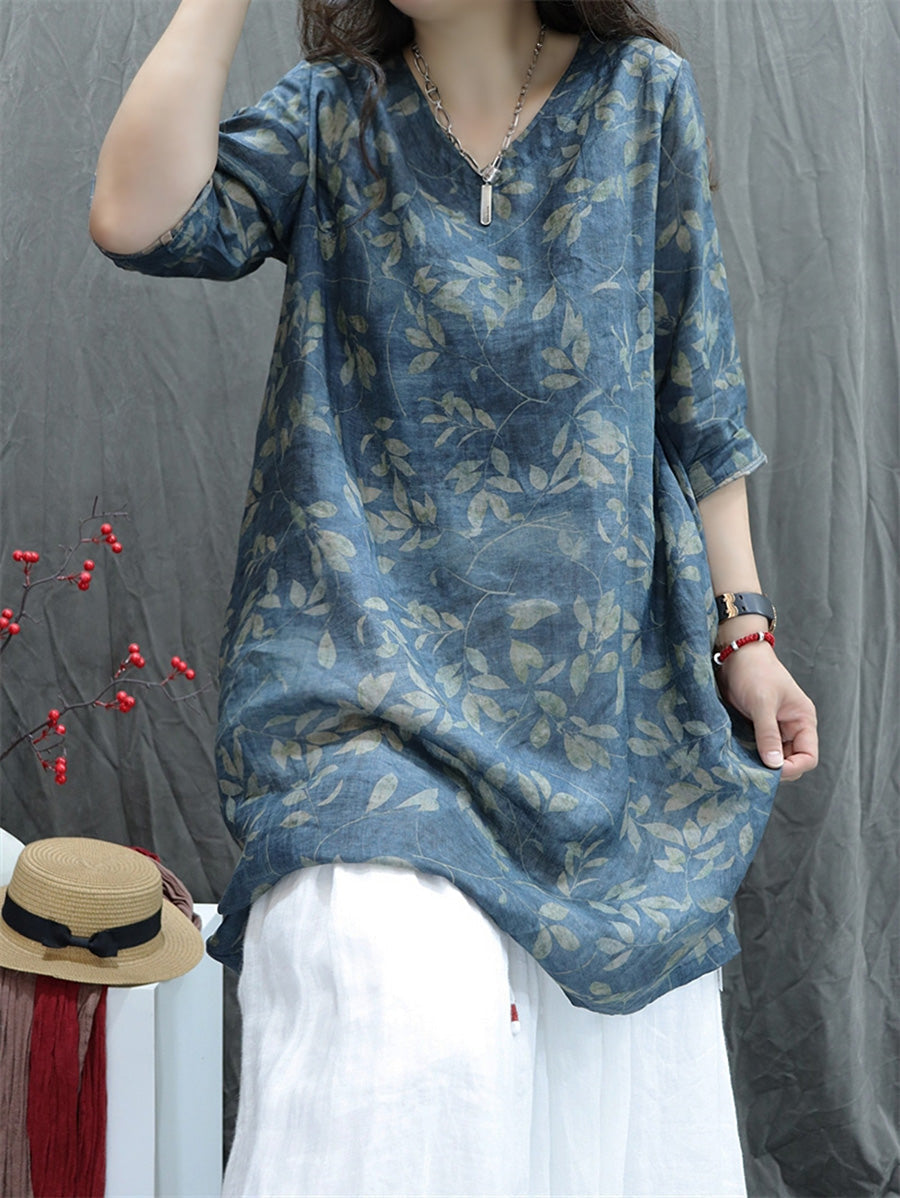 Plus Size Women Summer Artsy V-Neck Flower 100%Ramie Shirt