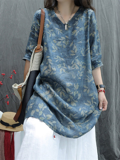 Plus Size Women Summer Artsy V-Neck Flower 100%Ramie Shirt