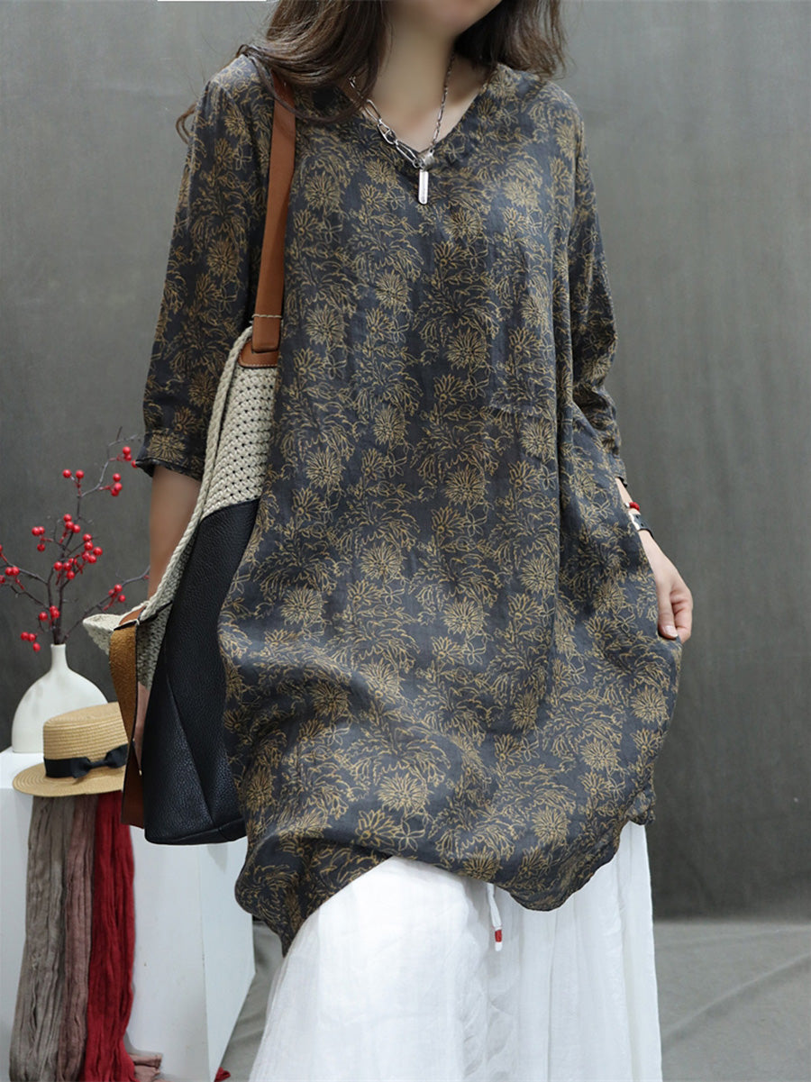 Plus Size Women Summer Artsy V-Neck Flower 100%Ramie Shirt