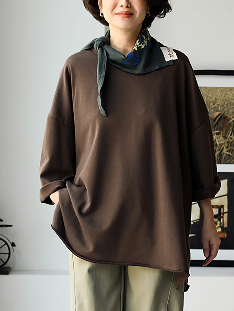 Plus Size Women Spring Casual Pure Color O-Neck Cotton Shirt