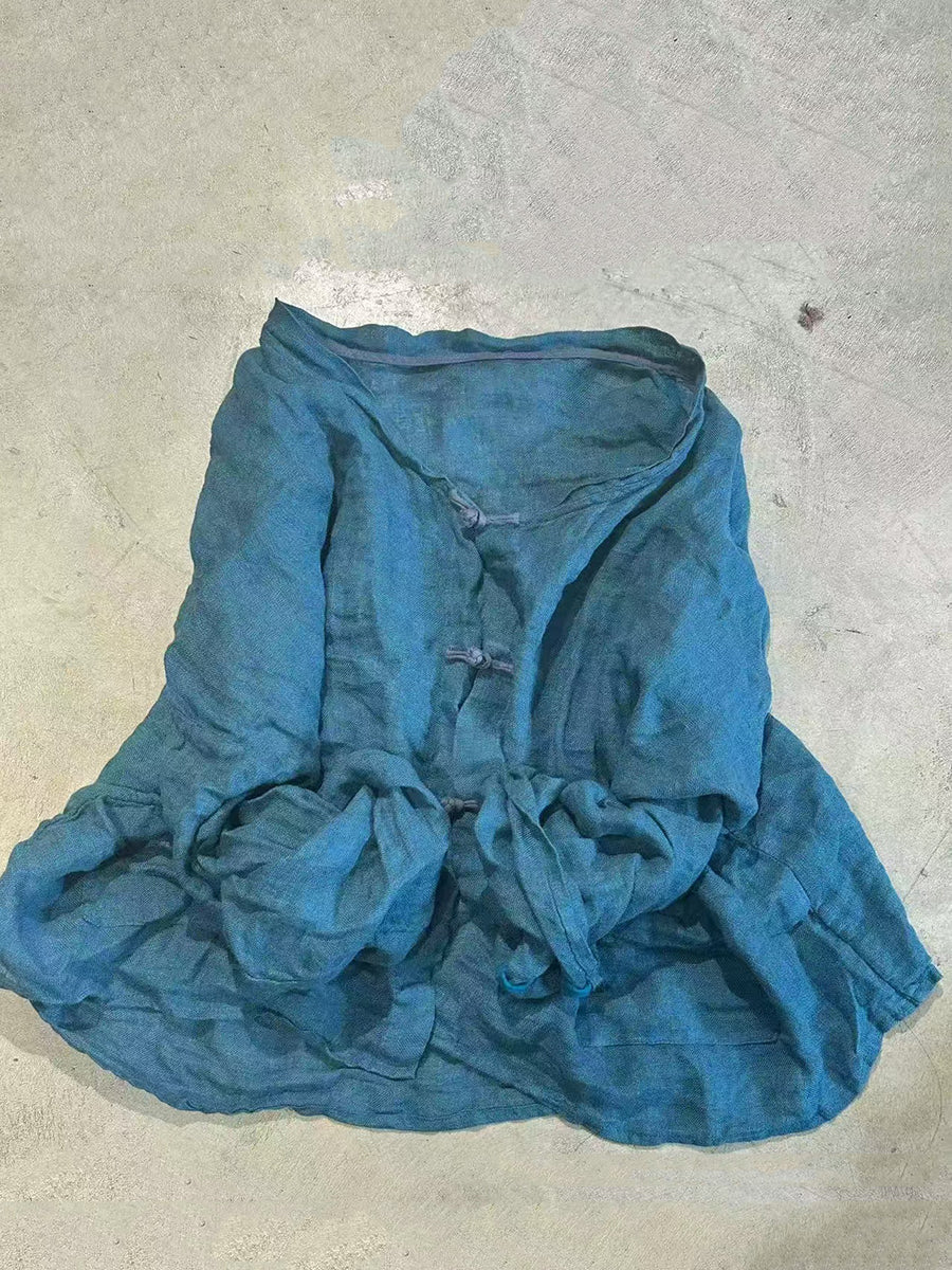 Women Summer Artsy V-Neck Pure Color Linen Cardigan Shirt