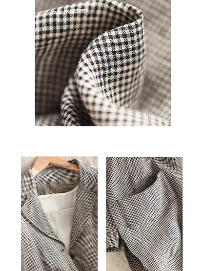 Plus Size Women Spring Vintage Lattice Turn-down Collar Linen Coat