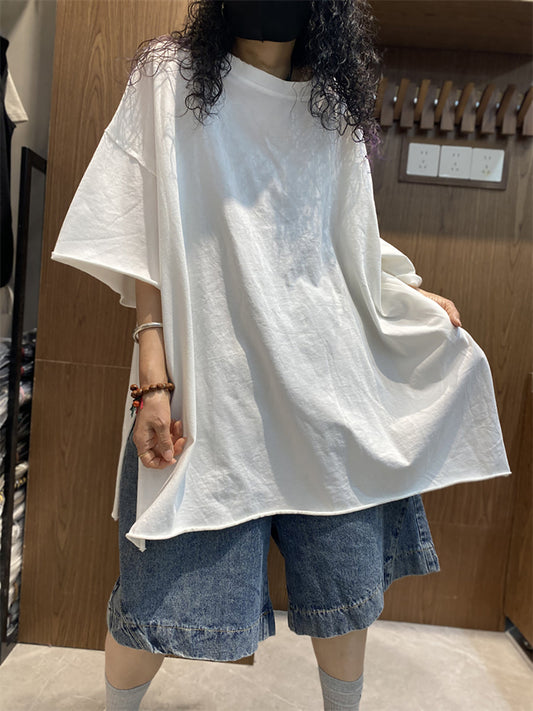 Plus Size Women Summer Casual Pure Color O-Neck Cotton Shirt