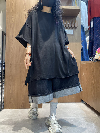 Plus Size Women Summer Casual Pure Color O-Neck Cotton Shirt