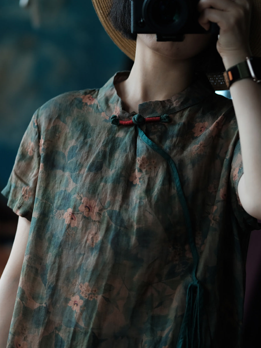 Women Summer Artsy Flower Stand Collar Linen Dress