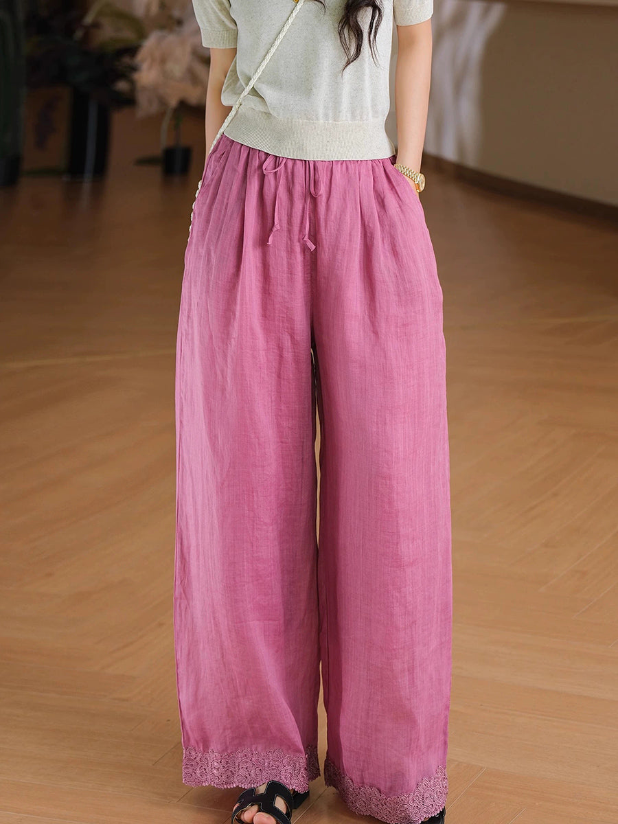 Women Summer Artsy Pure Color 100%Ramie Wide-leg Pants