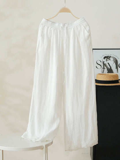 Women Summer Artsy Pure Color 100%Ramie Wide-leg Pants