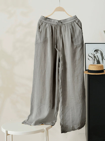 Women Summer Artsy Pure Color 100%Ramie Wide-leg Pants