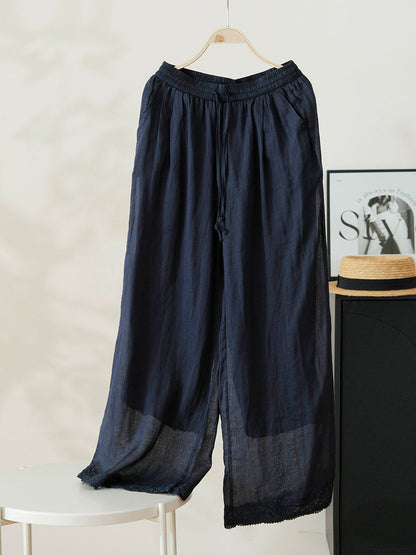 Women Summer Artsy Pure Color 100%Ramie Wide-leg Pants