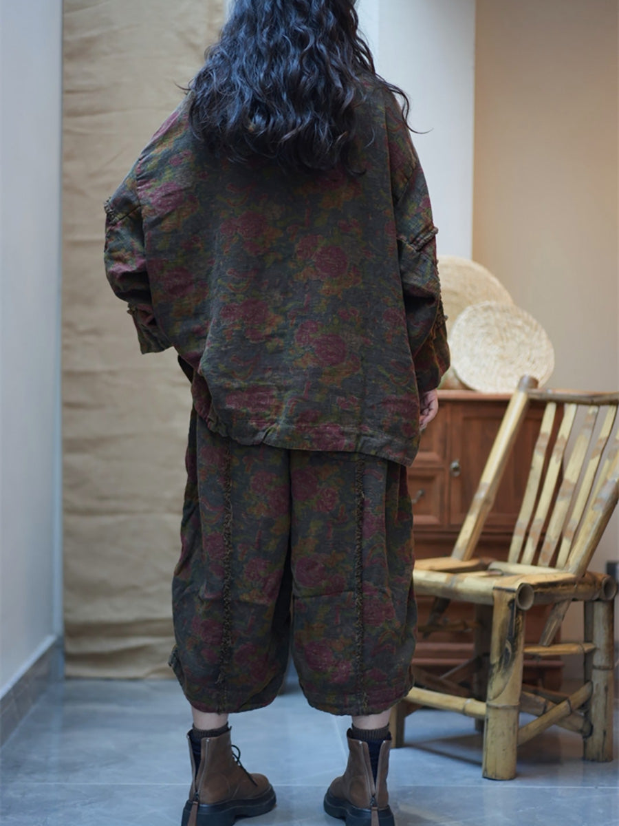 Women Spring Vintage Flower Loose Hooded Suits