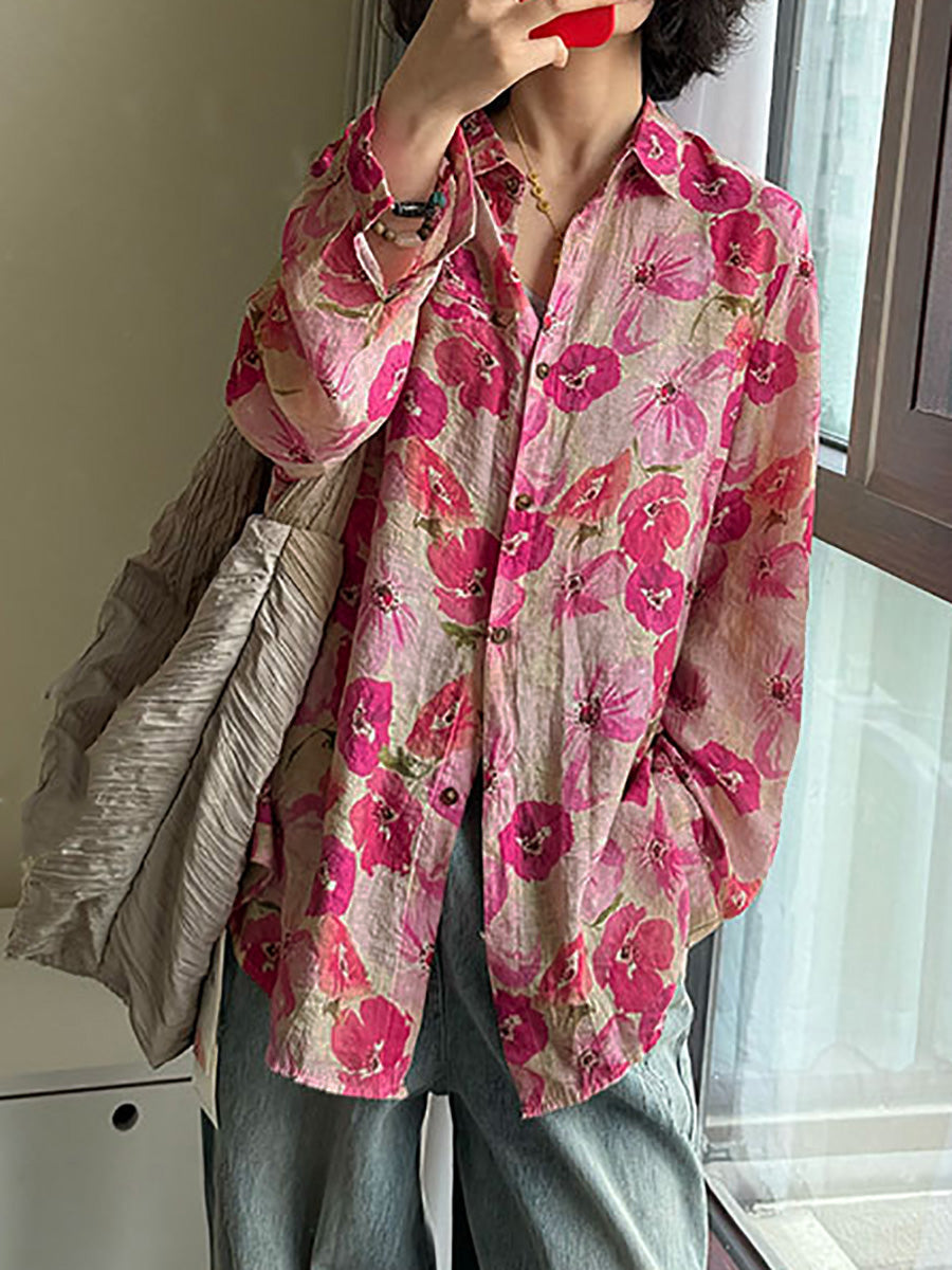 Plus Size Women Summer Artsy Flower Turn-down Collar Shirt