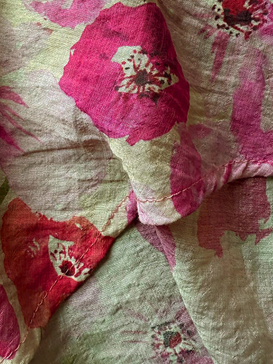 Plus Size Women Summer Artsy Flower Turn-down Collar Shirt