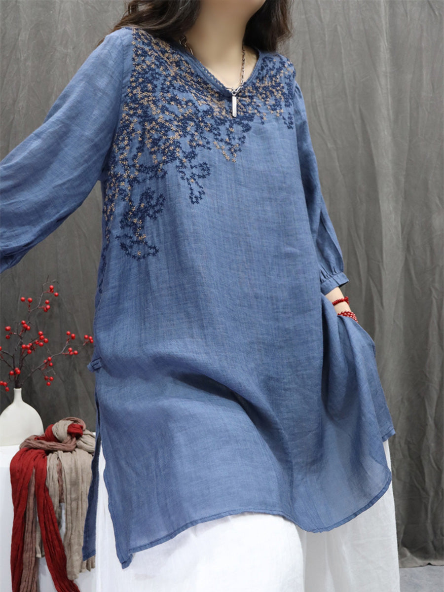 Women Summer Retro Embroidery O-Neck 100%Ramie Shirt