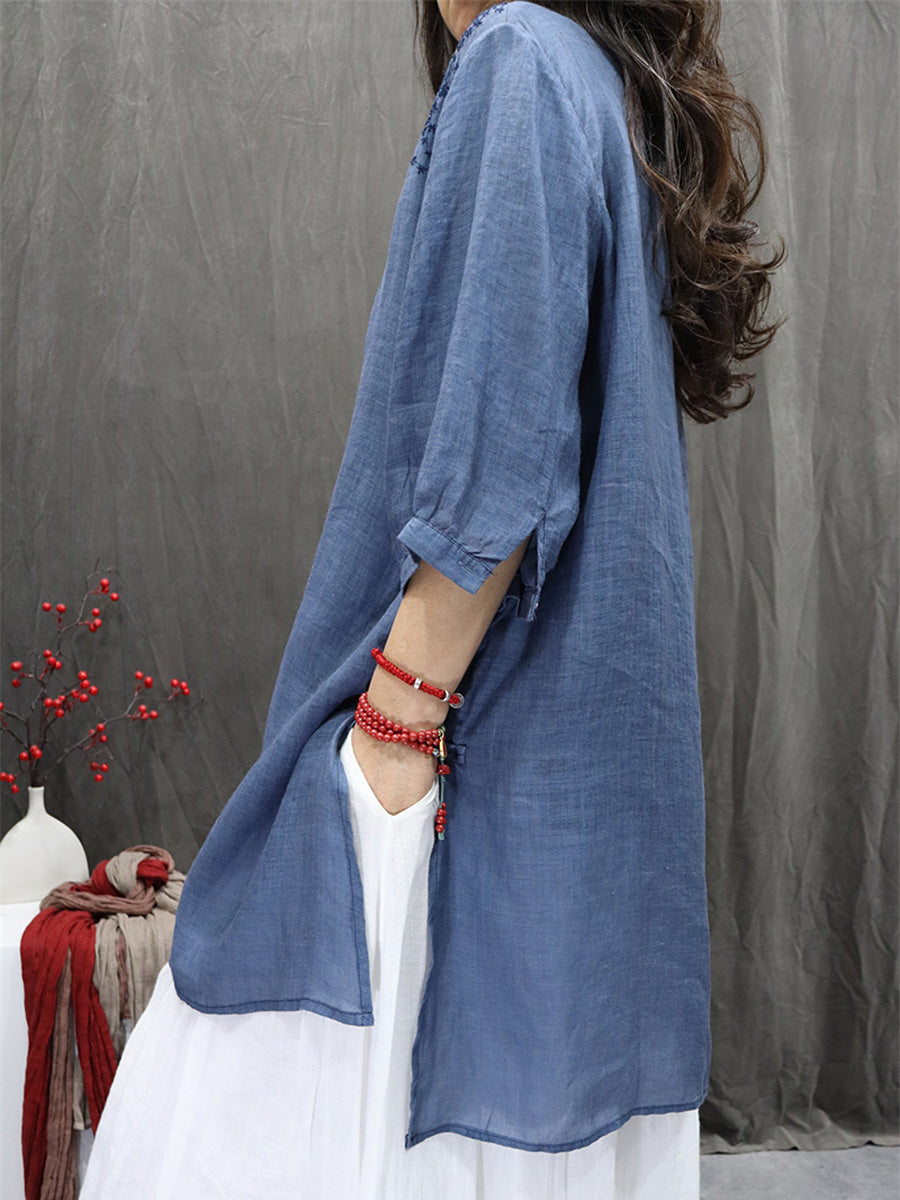 Women Summer Retro Embroidery O-Neck 100%Ramie Shirt