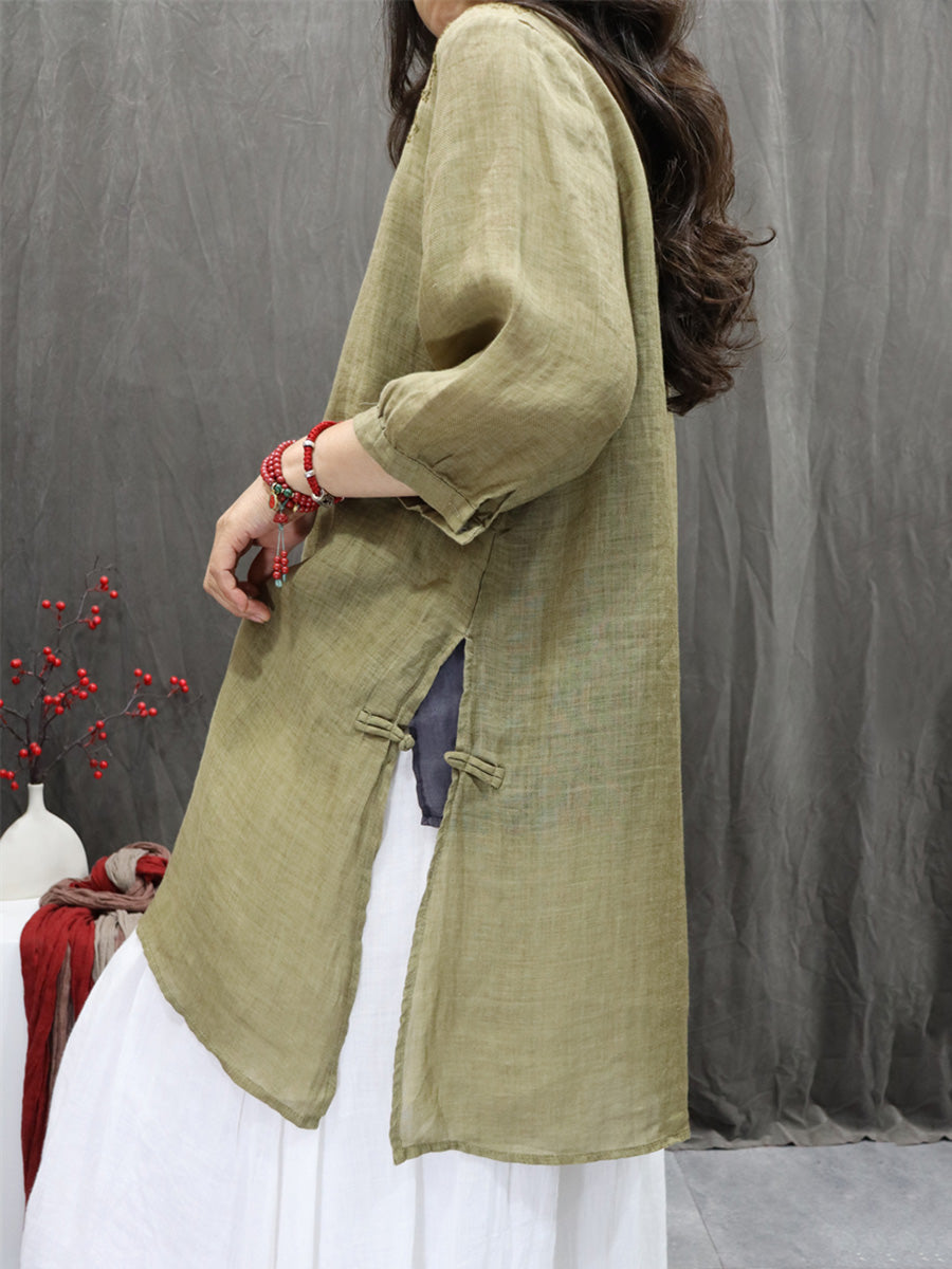 Women Summer Retro Embroidery O-Neck 100%Ramie Shirt