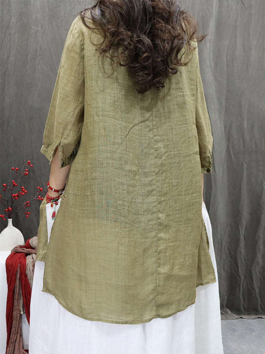 Women Summer Retro Embroidery O-Neck 100%Ramie Shirt