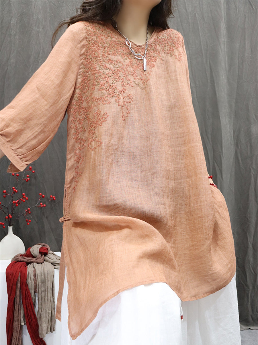 Women Summer Retro Embroidery O-Neck 100%Ramie Shirt