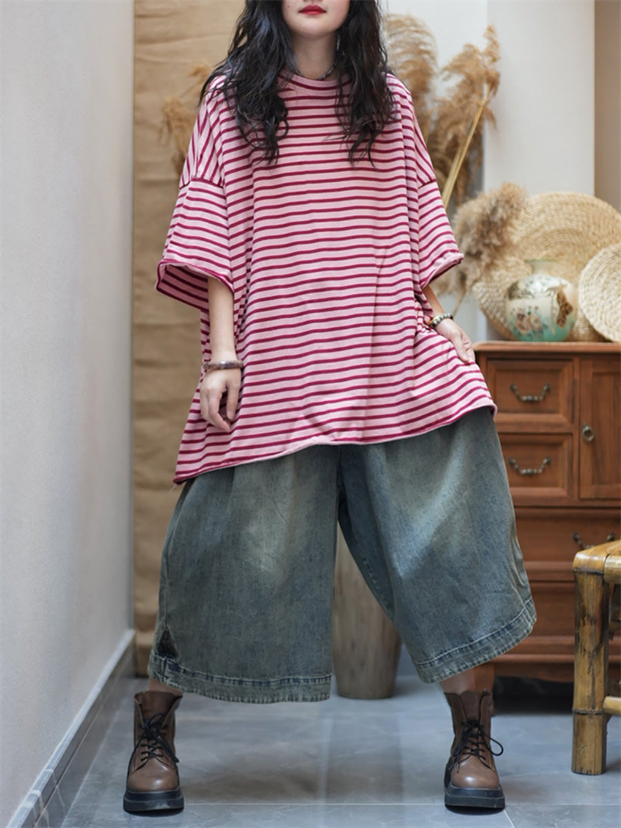 Plus Size Women Summer Artsy Stripe O-Neck Cotton Shirt