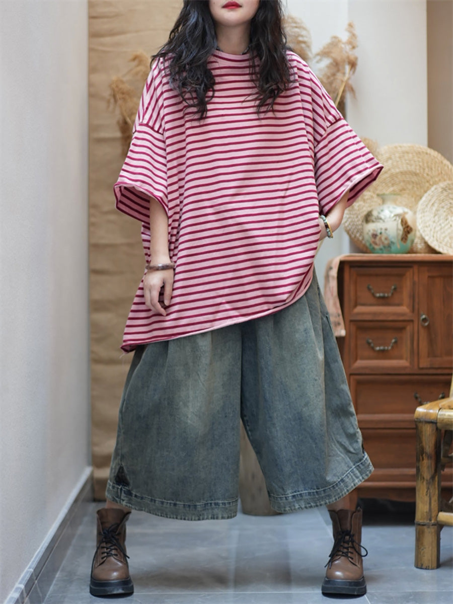 Plus Size Women Summer Artsy Stripe O-Neck Cotton Shirt