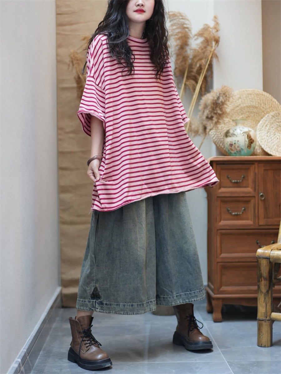 Plus Size Women Summer Artsy Stripe O-Neck Cotton Shirt