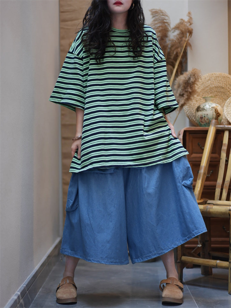 Plus Size Women Summer Artsy Stripe O-Neck Cotton Shirt