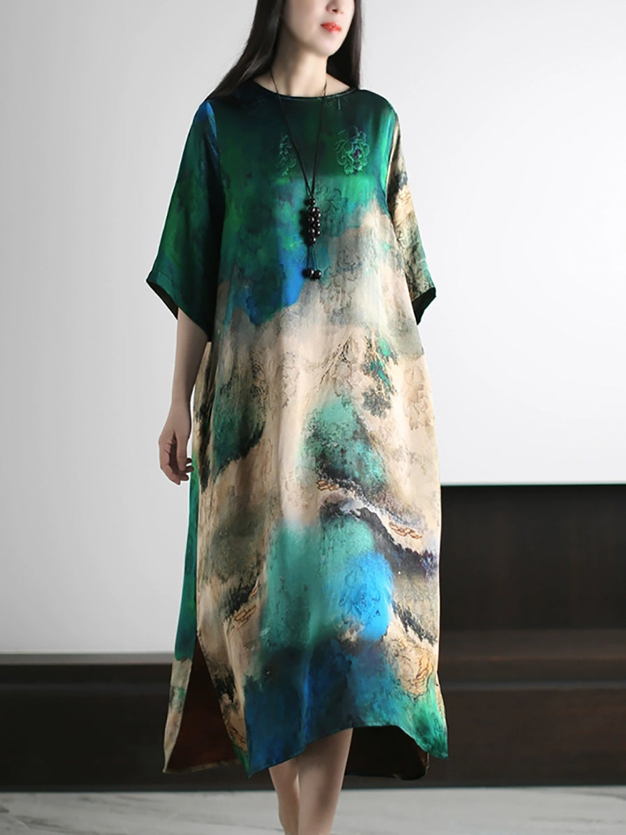 Plus Size Women Summer Artsy Print O-Neck Loose Dress