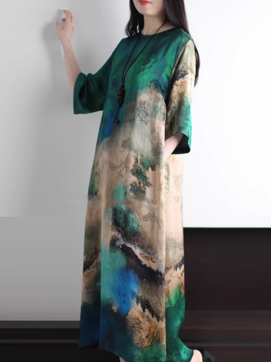 Plus Size Women Summer Artsy Print O-Neck Loose Dress