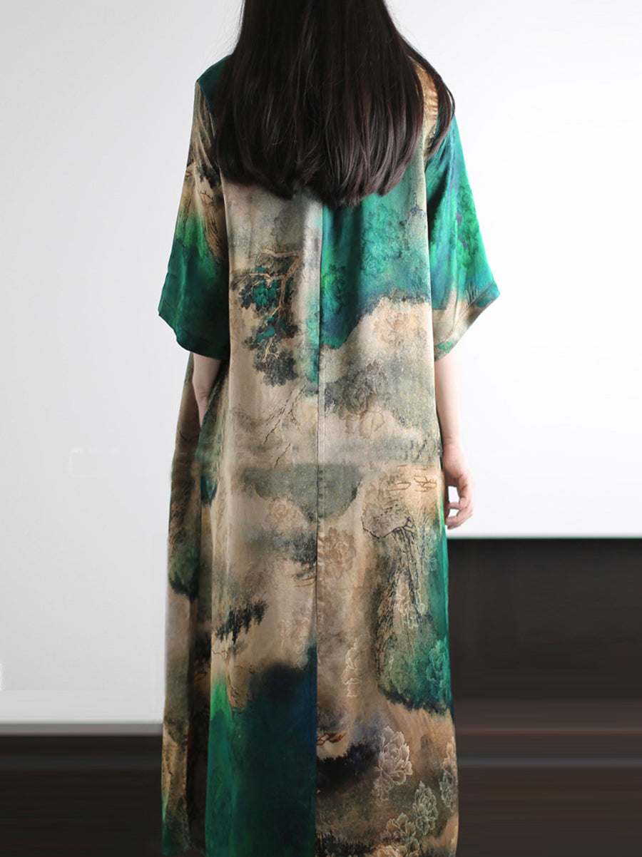 Plus Size Women Summer Artsy Print O-Neck Loose Dress