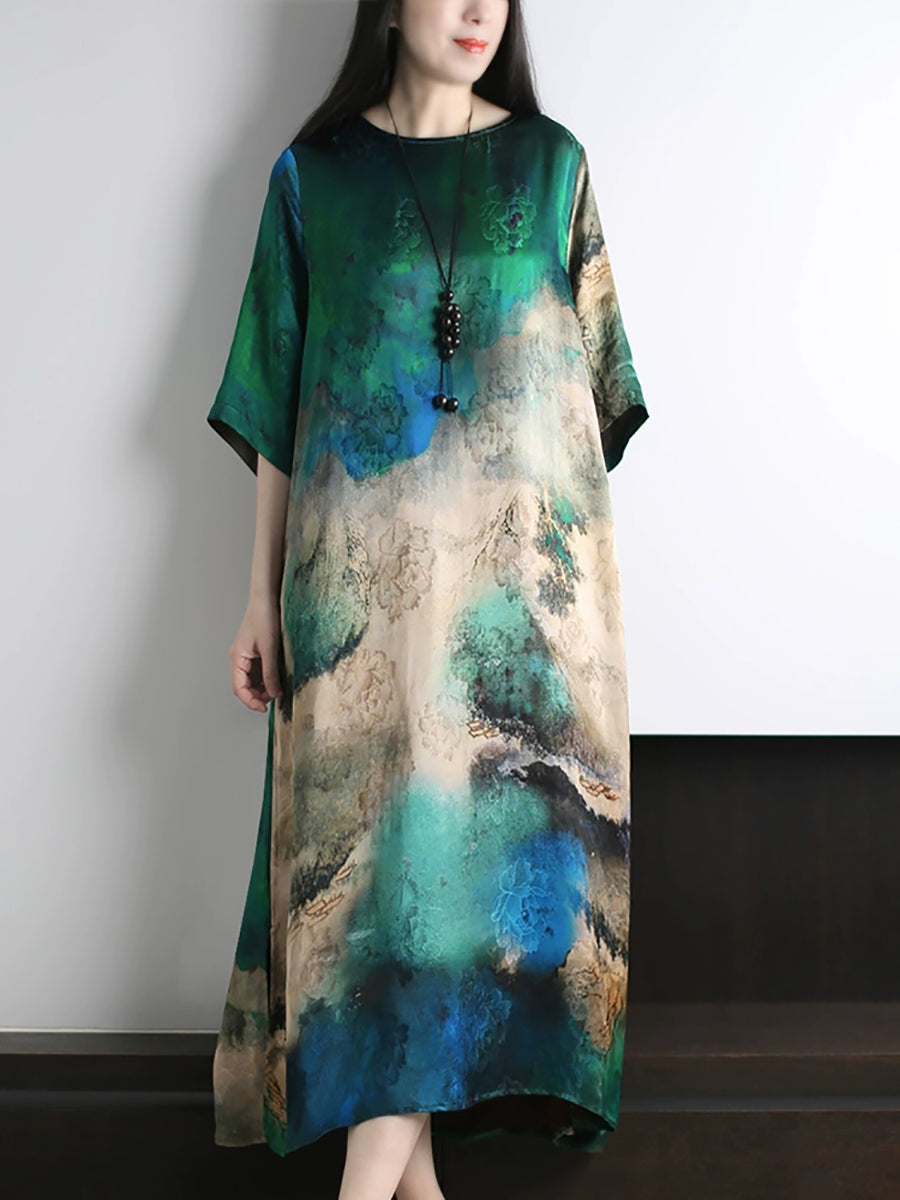 Plus Size Women Summer Artsy Print O-Neck Loose Dress