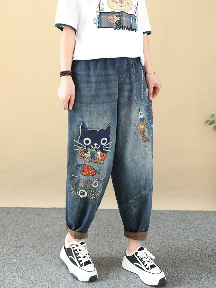 Women Retro Cat Fish Embroidery Denim Harem Pants