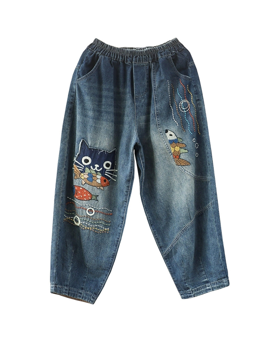 Women Retro Cat Fish Embroidery Denim Harem Pants