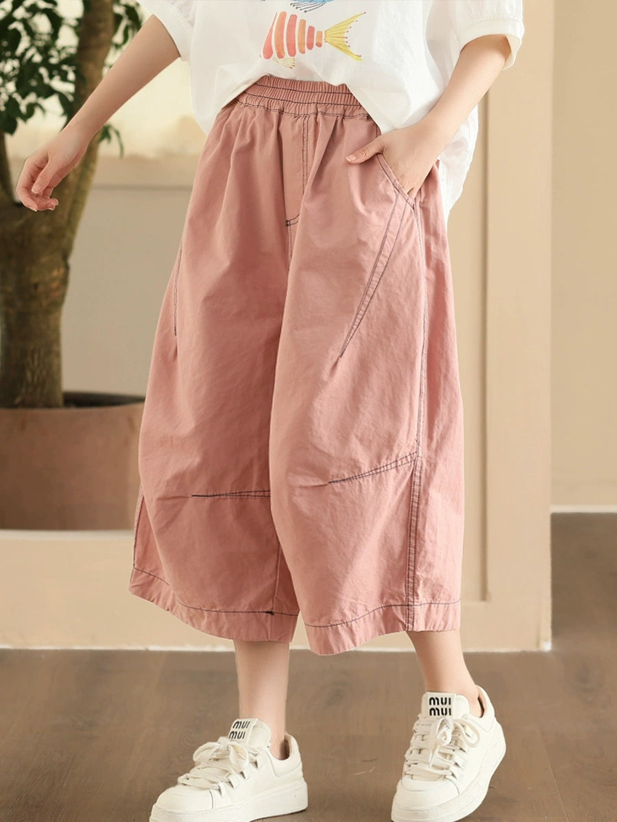 Plus Size Women Summer Casual Pure Color Cotton Spliced Pants