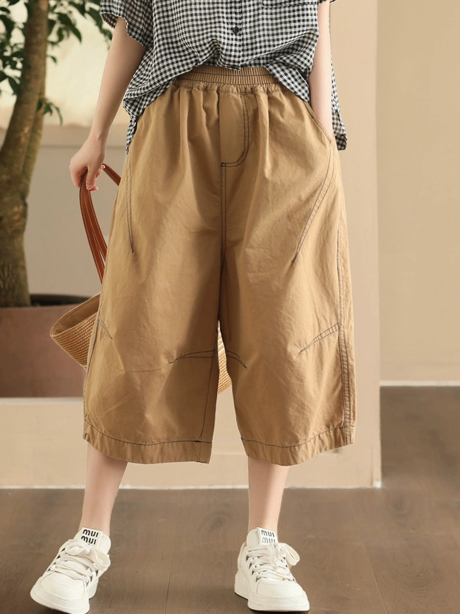 Plus Size Women Summer Casual Pure Color Cotton Spliced Pants