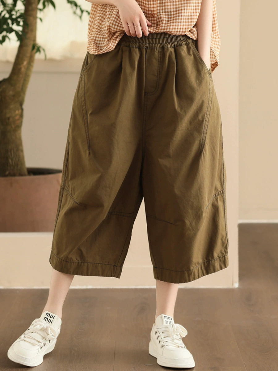 Plus Size Women Summer Casual Pure Color Cotton Spliced Pants