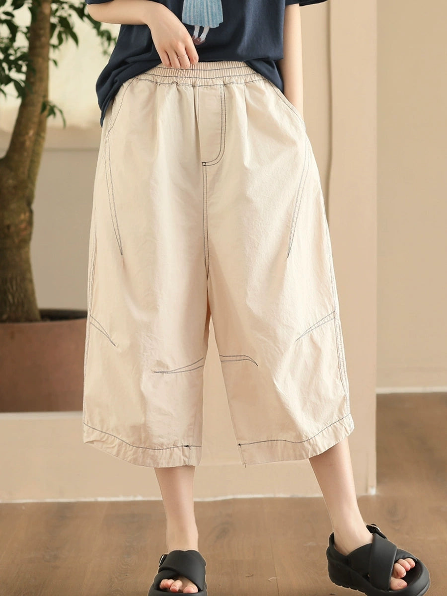 Plus Size Women Summer Casual Pure Color Cotton Spliced Pants