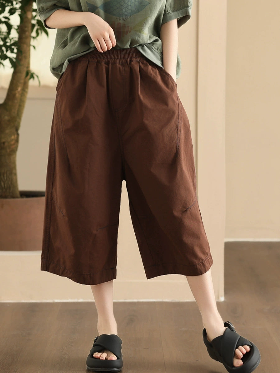 Plus Size Women Summer Casual Pure Color Cotton Spliced Pants
