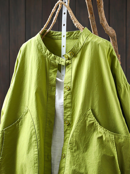 Plus Size Women Summer Casual Pure Color Stand Collar Cardigan Shirt