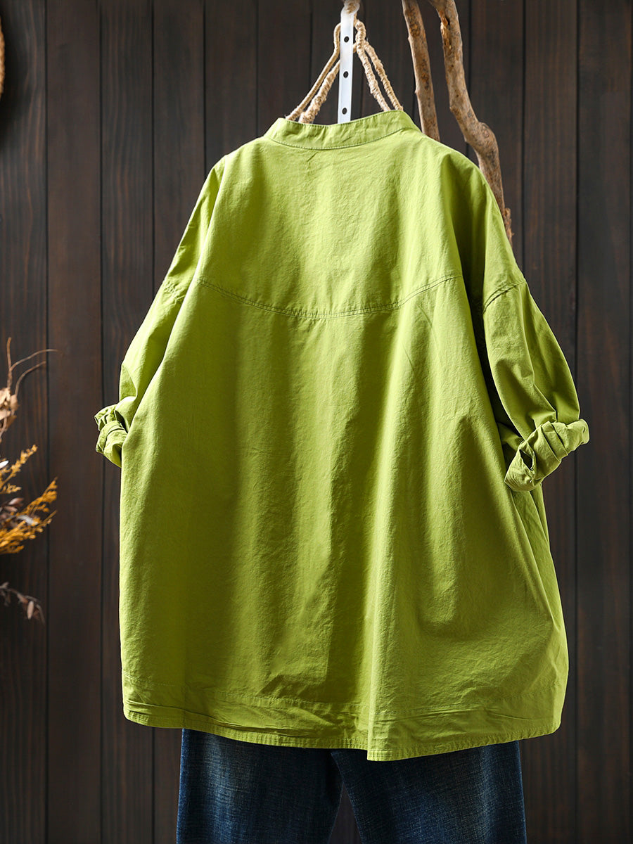 Plus Size Women Summer Casual Pure Color Stand Collar Cardigan Shirt