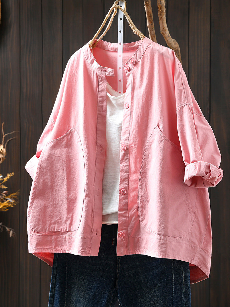 Plus Size Women Summer Casual Pure Color Stand Collar Cardigan Shirt
