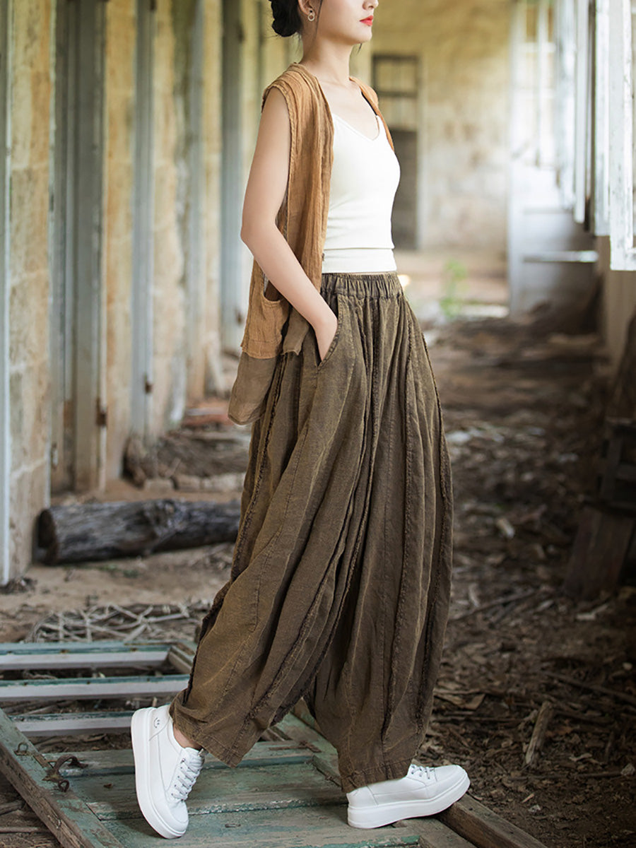 Women Summer Retro Solid Raw-edge Spliced Loose Bloomers