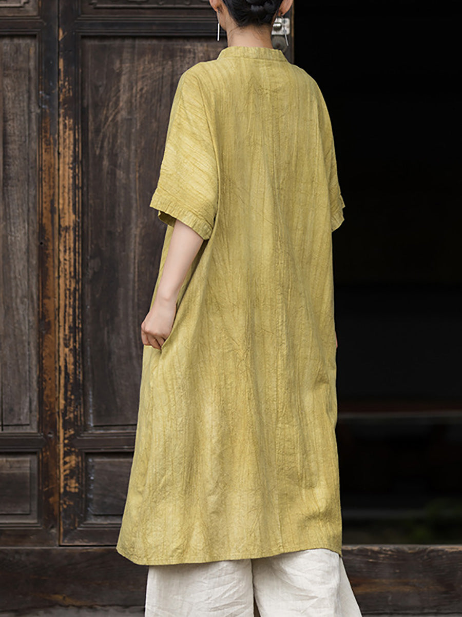 Women Summer Artsy Tie-dye Stand Collar Ramie Dress