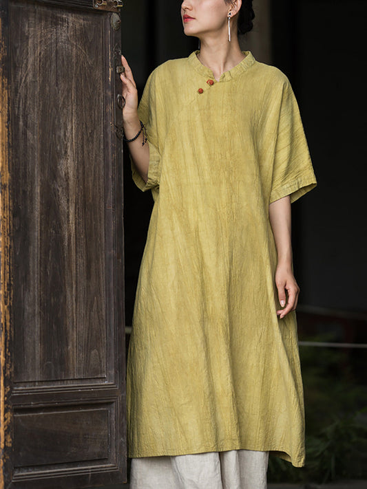 Women Summer Artsy Tie-dye Stand Collar Ramie Dress