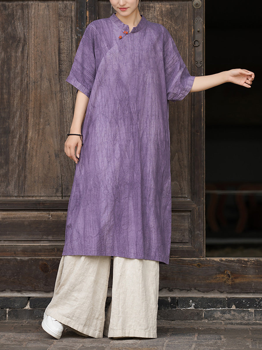 Women Summer Artsy Tie-dye Stand Collar Ramie Dress