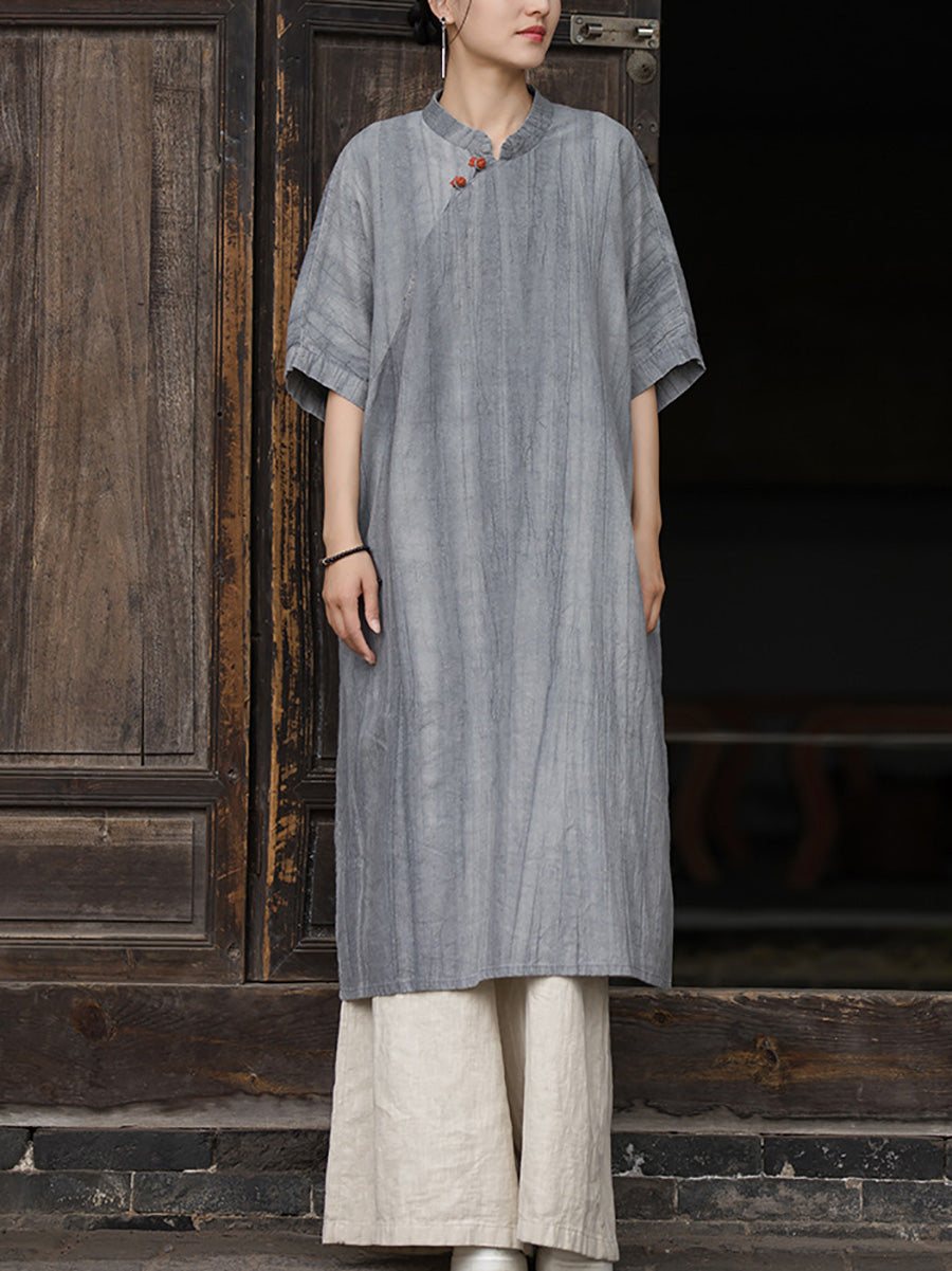 Women Summer Artsy Tie-dye Stand Collar Ramie Dress