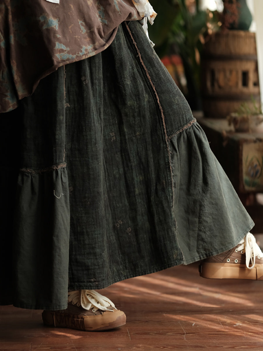 Women Spring Retro Spliced A-Shape Cotton Skirt