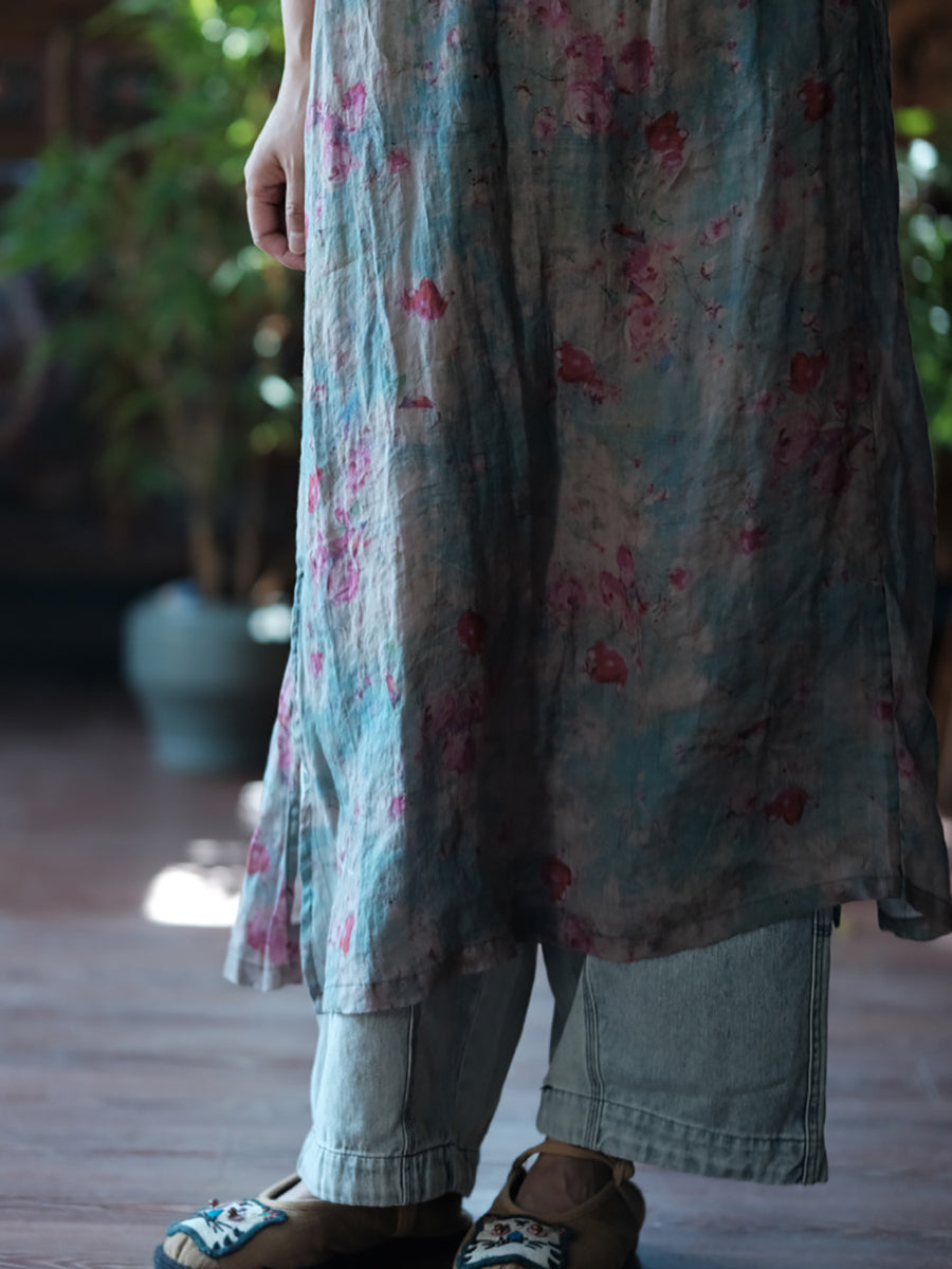 Women Summer Ethnic Flower Stand Collar Linen Dress