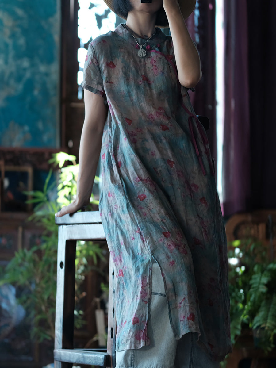 Women Summer Ethnic Flower Stand Collar Linen Dress