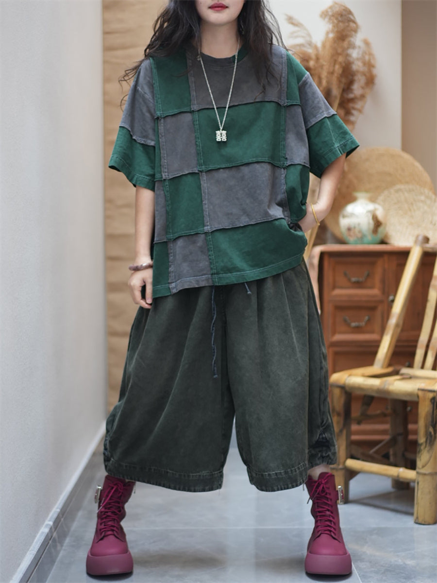 Women Summer Retro Colorblock Plaid O-Neck Cotton Shirt