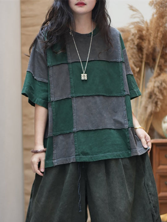 Women Summer Retro Colorblock Plaid O-Neck Cotton Shirt